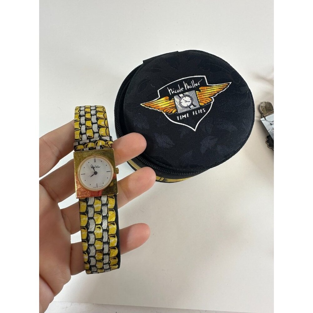 Vintage Nicole Miller Watch Ladies Panther Link Fabric Band Swiss Movement